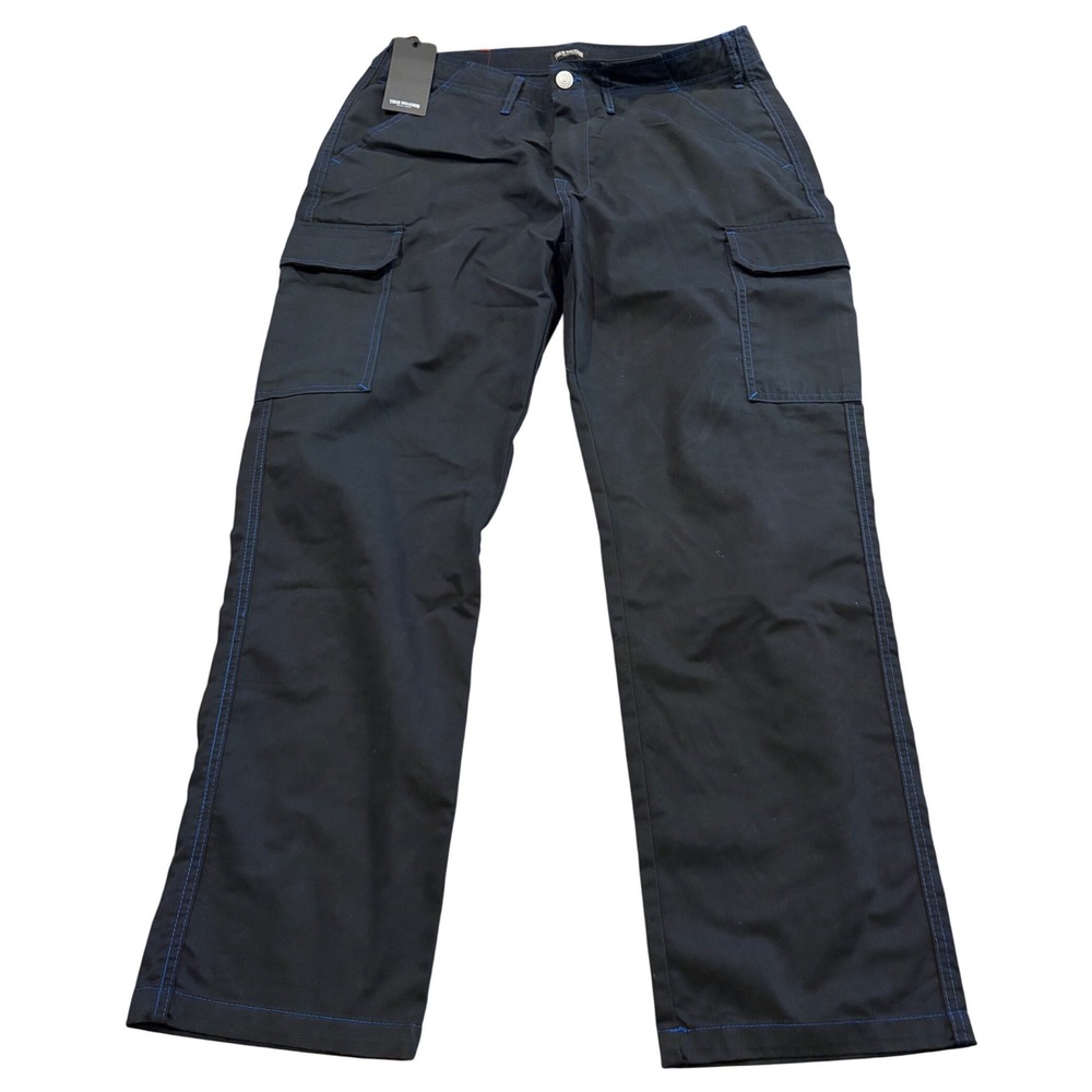 NEW $164 True Religion Cargo Pants Mens 36x32 Jet Black w/ Blue Stitching NWT